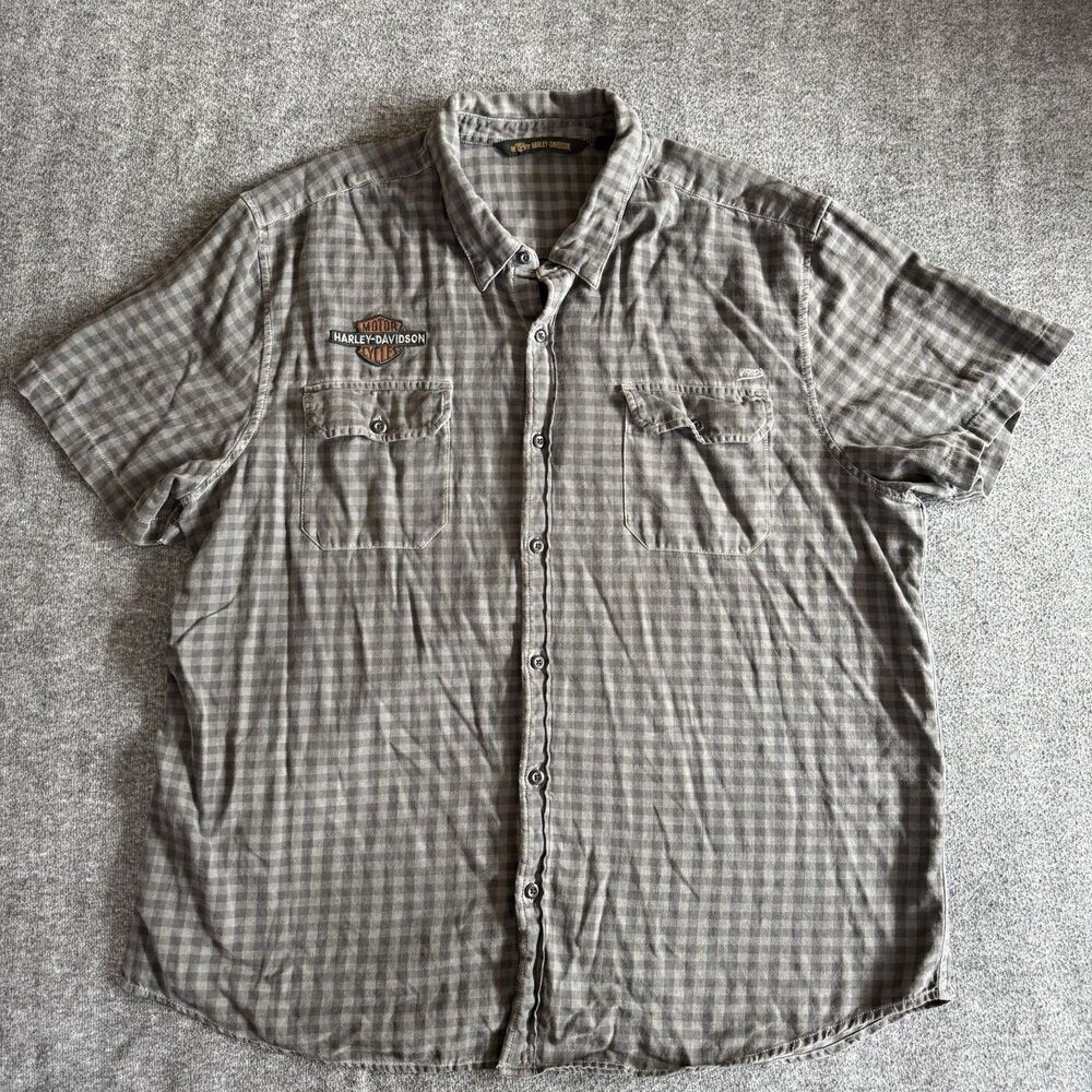 Harley-Davidson Men's Checked Plaid 3XL Slim Fit Flannel Shirt Grey Short Sleeve
